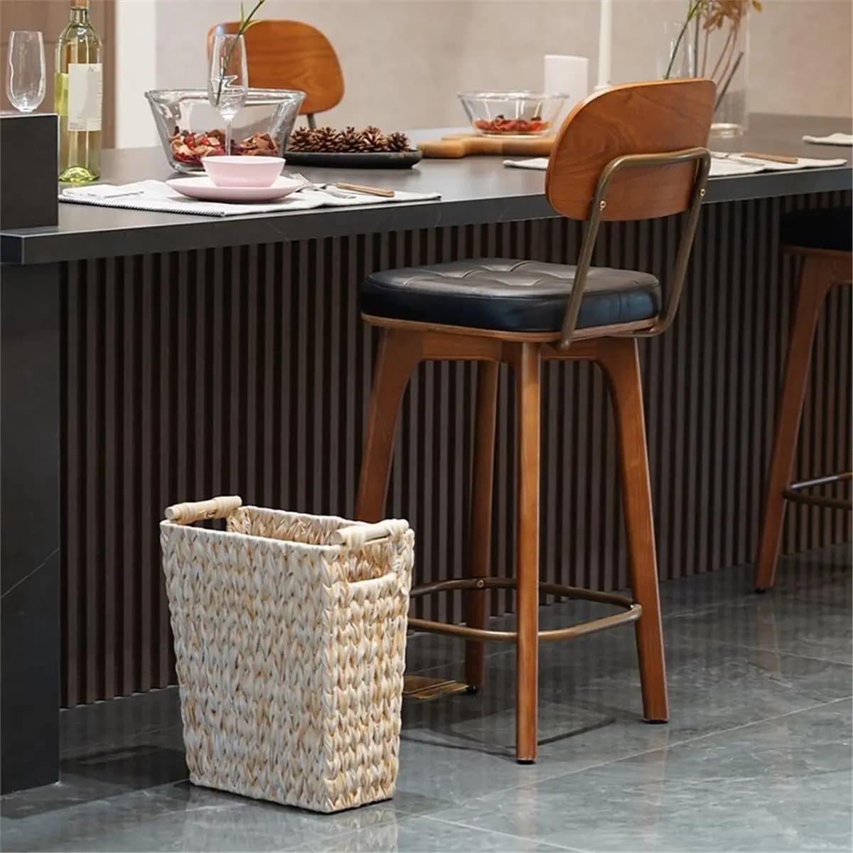 Cestino per Rifiuti in Vimini BABQ, 6 Galloni, Impermeabile, con Manico, Decorativo in Stile Boho, Bianco Crema, per Bagno e Camera da Letto