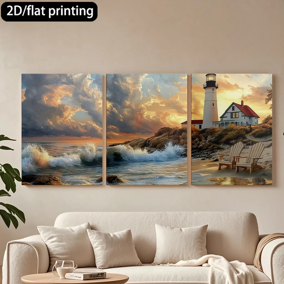 Decorative painting on canvas with wooden frame, 3 pieces: Sunset on the beach, lighthouse, chairs Adirondack. Hall decoration, living room.
