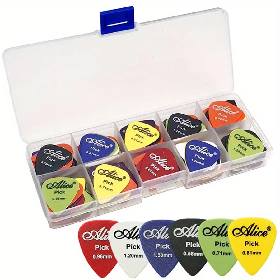 30 pz/scatola Alice Plettri per Chitarra Palette per Chitarra Colorate in Plastica con Scatola di Immagazzinaggio Trasparente Spessore 0.58-1.50mm 6 Dimensioni JXB