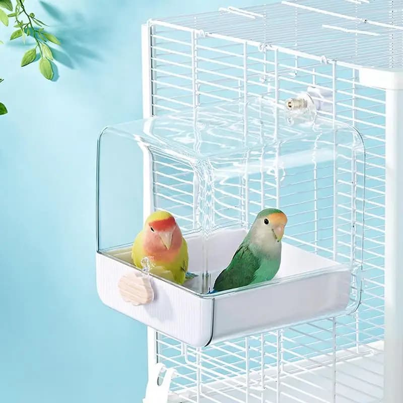 Bagno per parrocchetti Doccia per pappagalli Vasca da bagno per uccelli Accessori per gabbie per uccelli con ganci e cassetto inferiore Bagno per uccelli da interno per piccoli uccelli