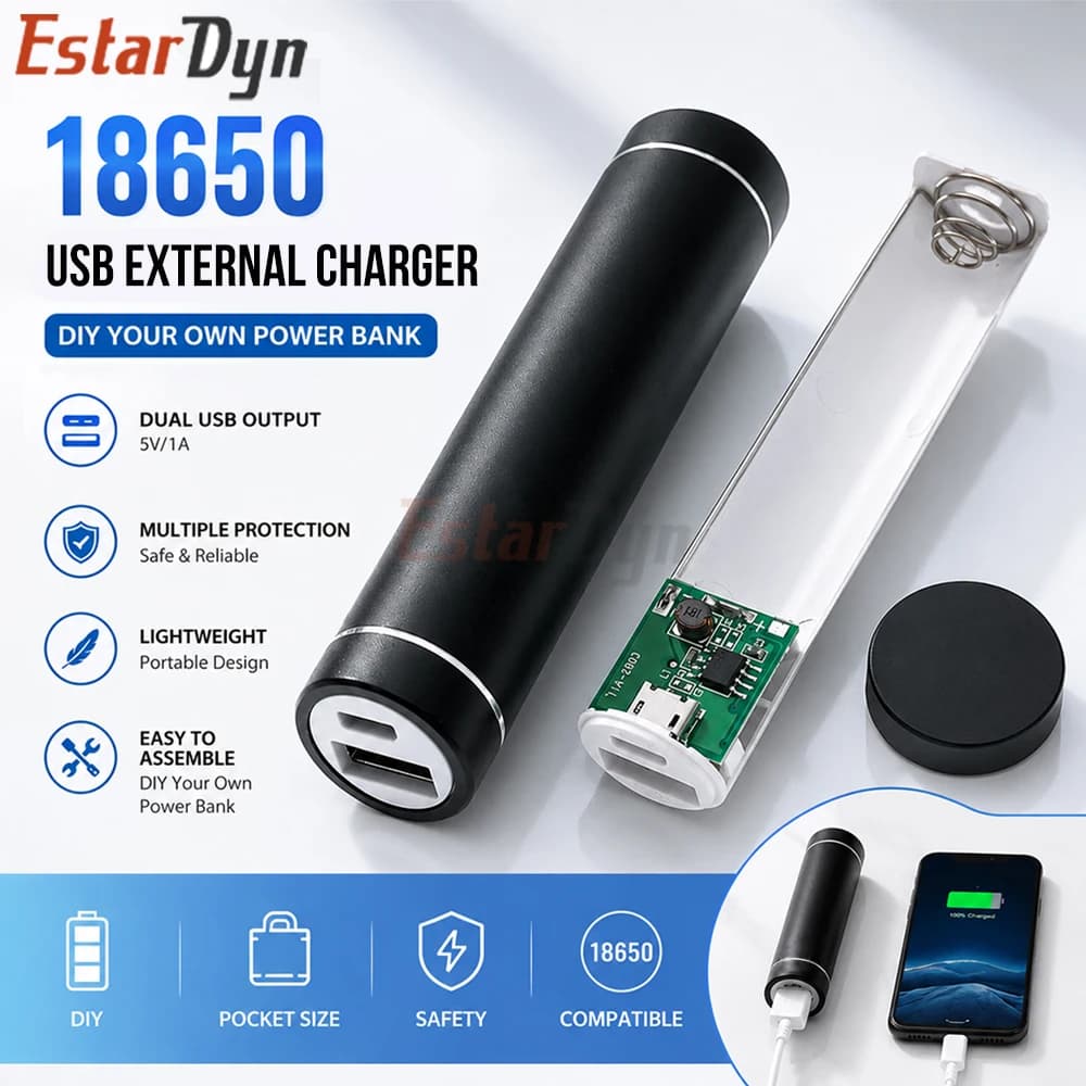 Estardyn Kit Fai-da-Te per Power Bank in Metallo Senza Saldatura per 1 Batteria 18650, Caricatore USB Esterno 5V 1A per Smartphone