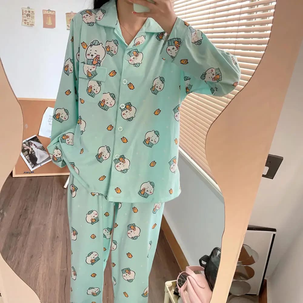 2Pcs Cotton Pajamas Suit Anime Usagi Summer Chiikawa Kawaii Women Long Sleeved Pants Hachiwares Cute Cartoon Girls Homewear