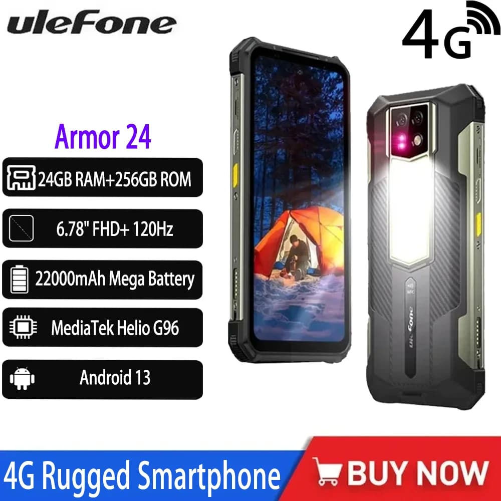 NUOVO Ulefone Armor 24 4G Smartphone Robusto 6.78“ 22000mAh 24GB+256GB IP68/IP69K Android 13 120Hz 64MP NFC Telefono Versione Globale