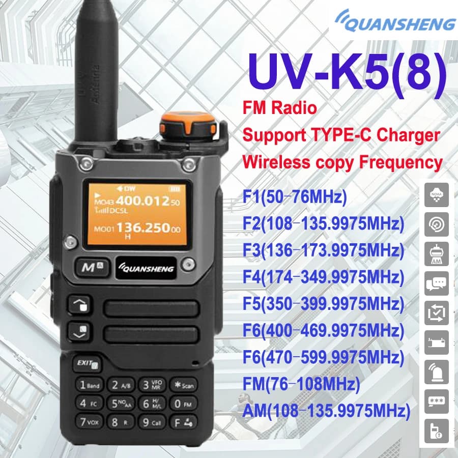 Quansheng UV-K5(8) Walkie Talkie 5W Air Band Radio tipo C VHF FM Scrambler NOAA Wireless Copy Frequency Radio CB bidirezionale UV-K6