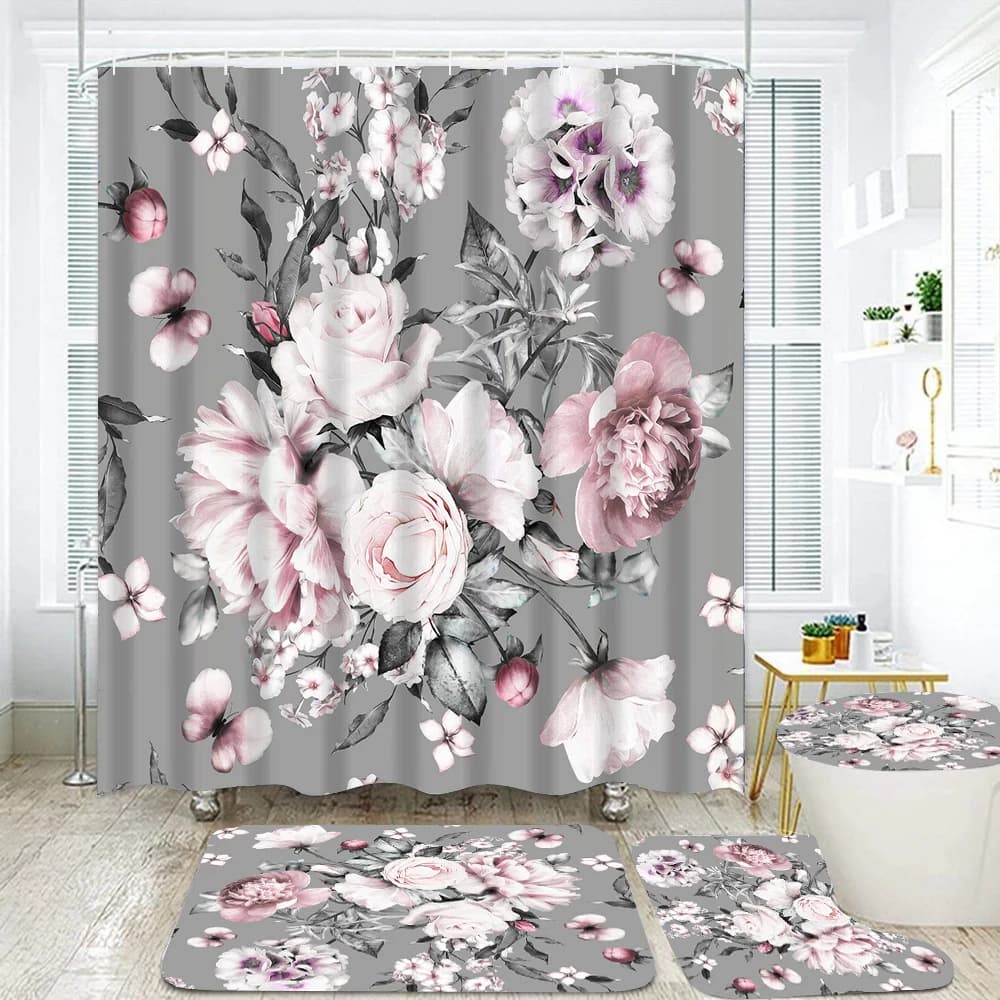 Set Tenda Doccia con Motivo Floreale, Tende da Bagno Impermeabili in Poliestere, Tappetino Antiscivolo, Copri WC Decorativo