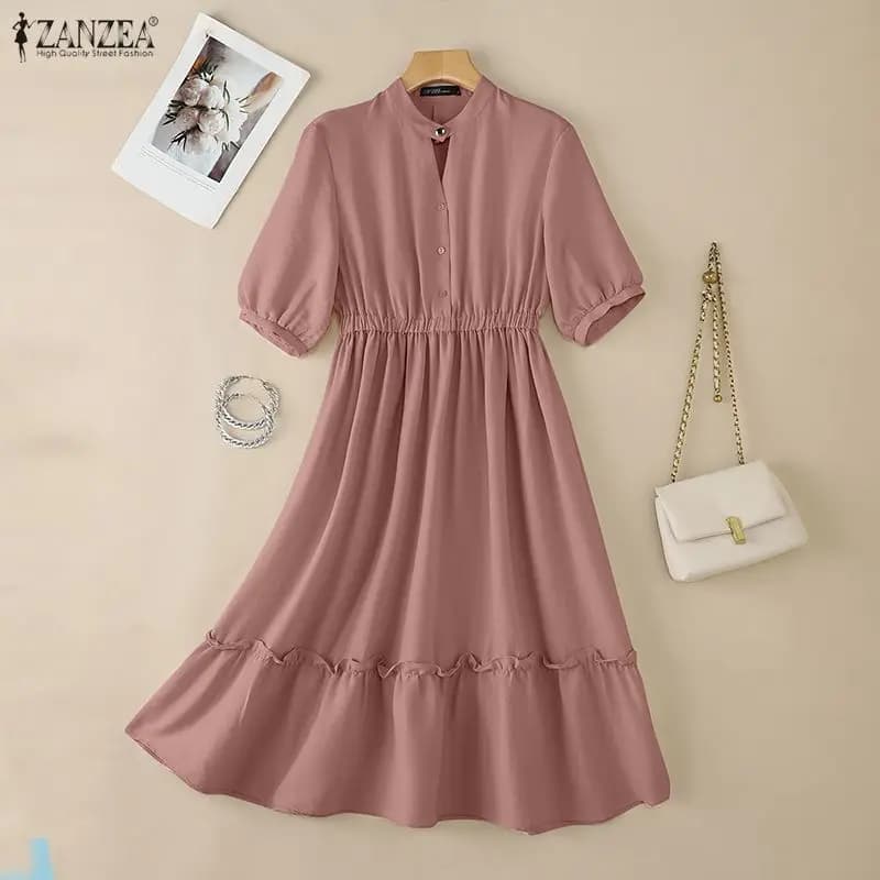 ZANZEA 2026 Abito Estivo Elegante a Tinta Unita, Vestito da Lavoro da Donna con Maniche Corte a Sbuffo, Abito Midi con Volant
