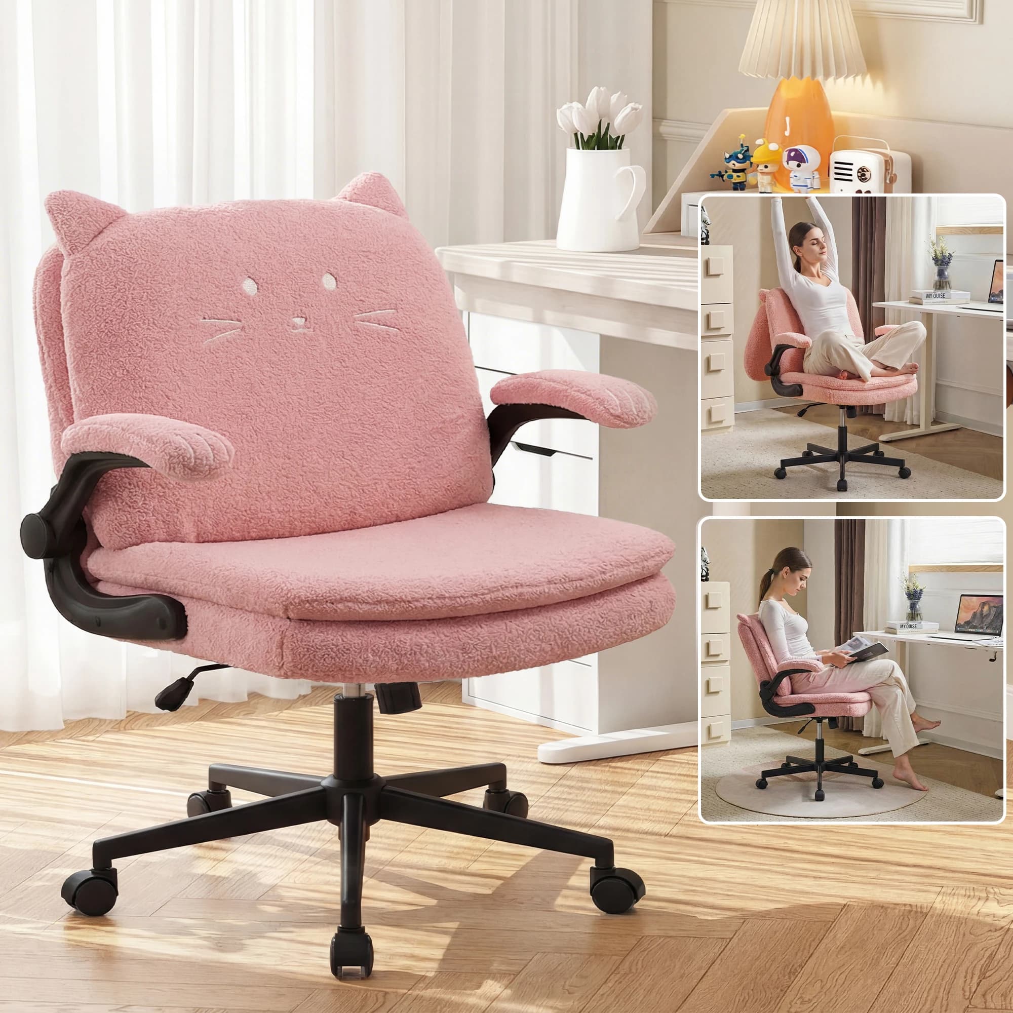 Sedia da ufficio ergonomica TCGBKAF rosa con ruote e braccioli ribaltabili, seduta da 25 pollici, gambe incrociate, schienale ribaltabile, sedia girevole regolabile in pile per casa e camera da letto