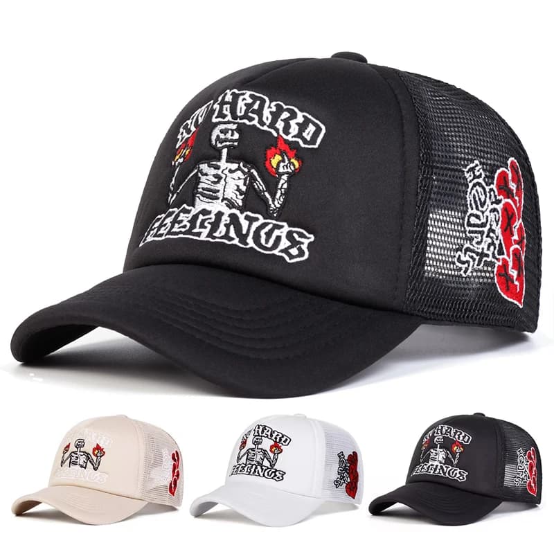 Unisex Skull Flame Embroidery Baseball Net Caps Spring and Summer Outdoor Adjustable Casual Hats Sunscreen Hat