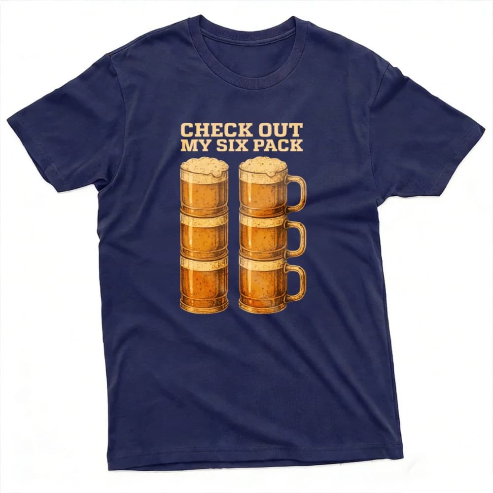 Maglietta da uomo in cotone a maniche corte con design divertente 'Check Out My Six Pack Beer Mugs', casual ed estiva, per amanti della birra, idea regalo.