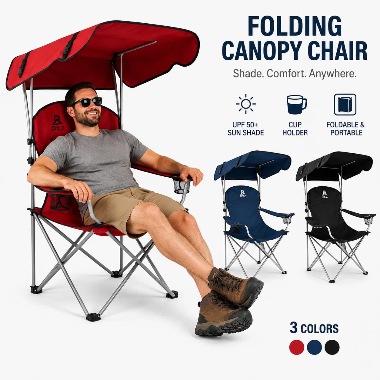 Canopy Folding Camping Chair with UPF 50+ Sun Shade, Portable Outdoor Seat with Cup Holder & Side Storage Pocket, Heavy-Duty Steel Frame Supports 300lbs, Lightweight Carry Strap for Beach, BBQ & Camping
