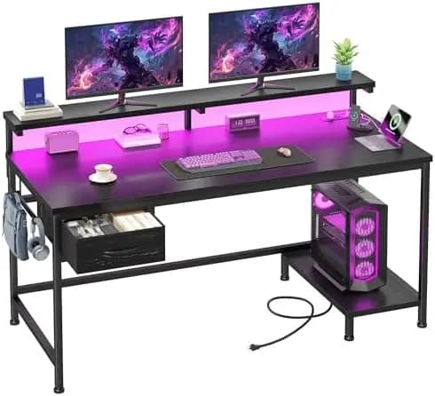 47.2" Gaming Desk with Power Outlet and LED Lights,Computer Desk with Adjustable Monitor Stand and Drawer,Office Desk