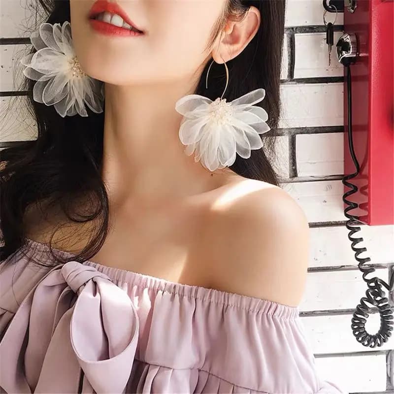 Light Handmade Mesh Flower Earrings For Women Purple White Oversized Lace Pendant Resort Jewelry