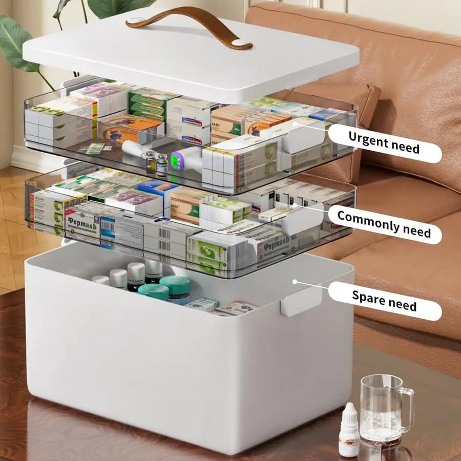 Cassetta Portatile per Medicinali con Manico in Pelle, Organizzatore a 3 Livelli, Kit di Pronto Soccorso Vuoto per Casa 11.8"L x 6.7"W x 8.3"H