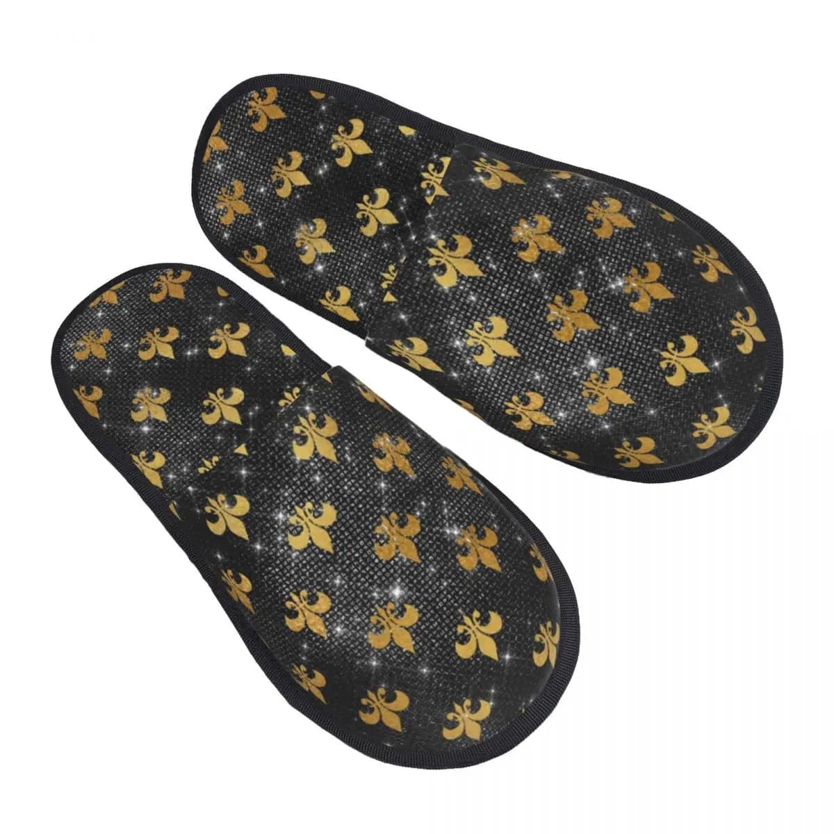 Eleganti pantofole per ospiti Fleur De Lis nere e dorate per donne dell'hotel Pantofole da casa floreali con stampa personalizzata Fleur De-Lys Lily