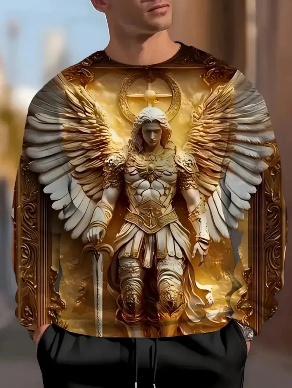 T-shirt da uomo Angel Michael Graphic T-shirt da uomo a maniche lunghe Golden Sword Design T-shirt con stampa 3D per uomo T-shirt unisex allentata