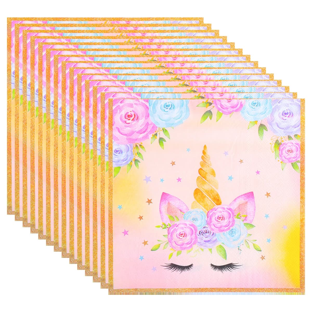 Pastel Floral Cocktail Napkins Gold Border Unicorn Pattern Disposable Paper Serviette Princess Birthday Table Decoration