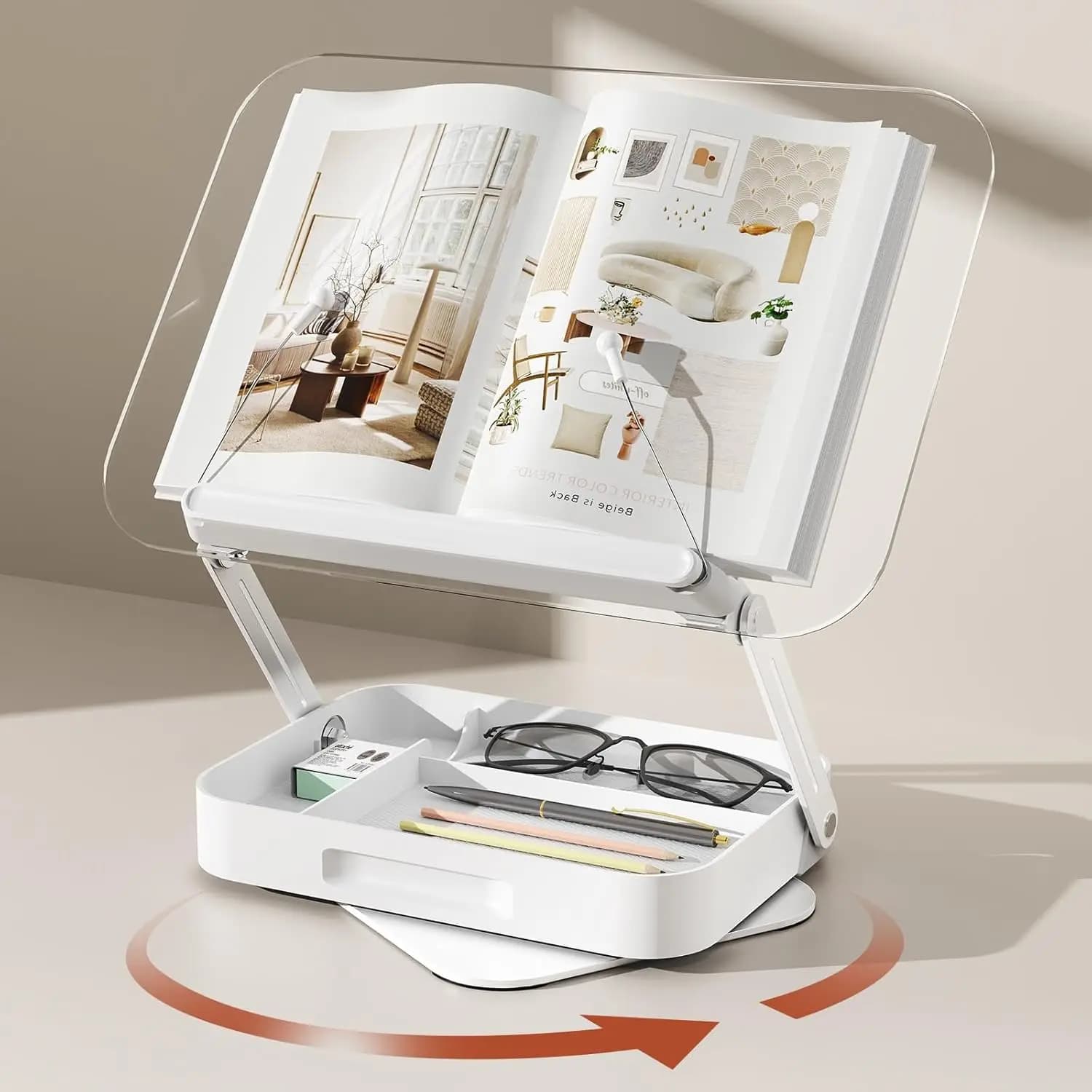 Espositore per libri in acrilico con vano portaoggetti, 360 ° Base Girevole, Supporto Regolabile per Lettura, Libri di Cucina, Tablet, Laptop