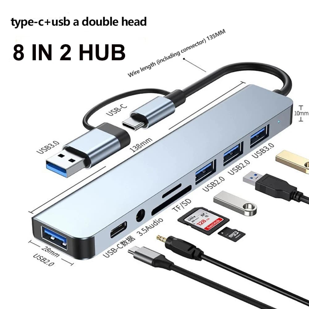 Docking station USB + Type C 8-in-2 con HUB USB 3.0, jack audio da 3,5 mm, lettore di schede SD/TF per laptop MacBook Pro/Air