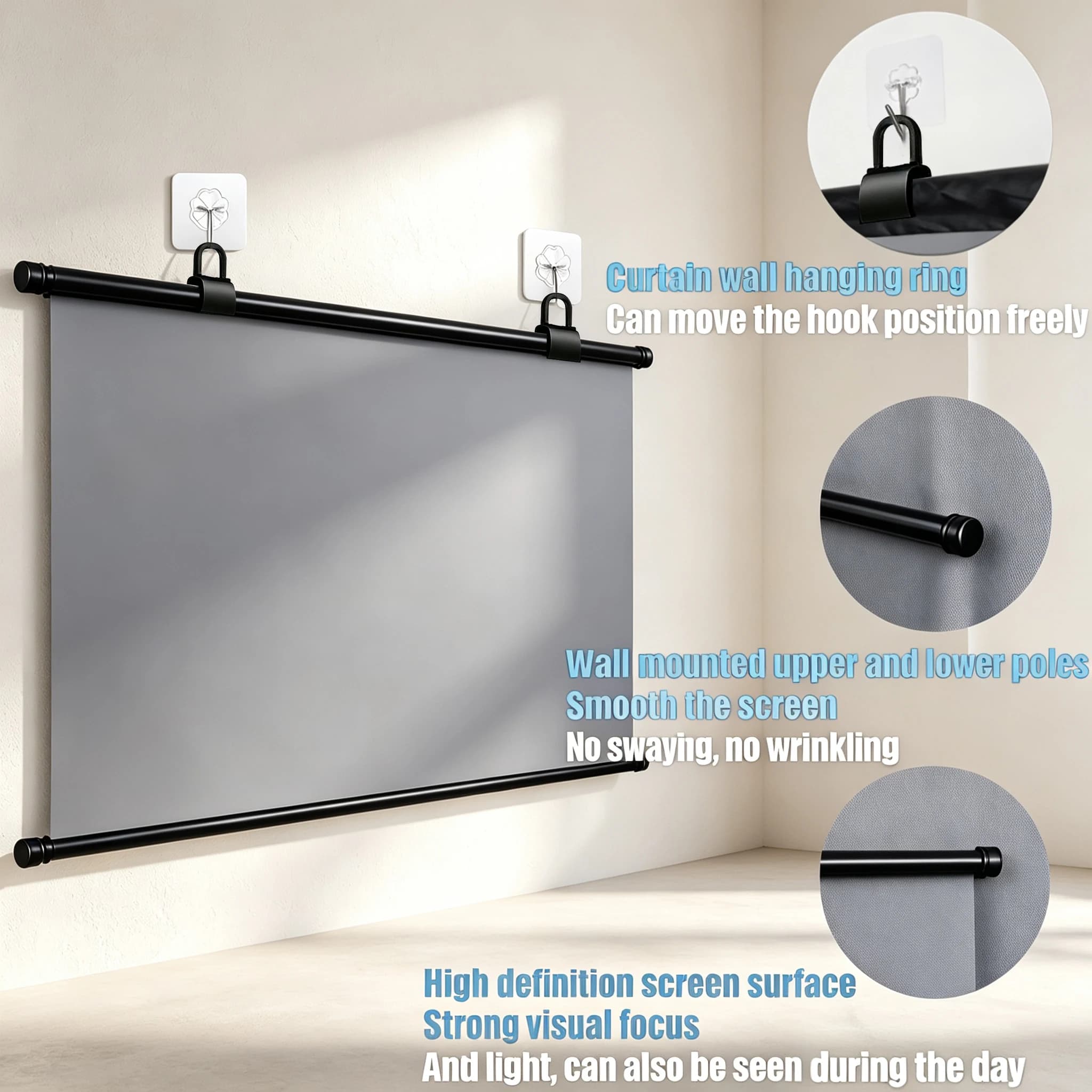 No Drill Wall Hanging Projector Screen 16:9 HD Anti-Light Projection Curtain With Upper Lower Poles For Home Theater Office