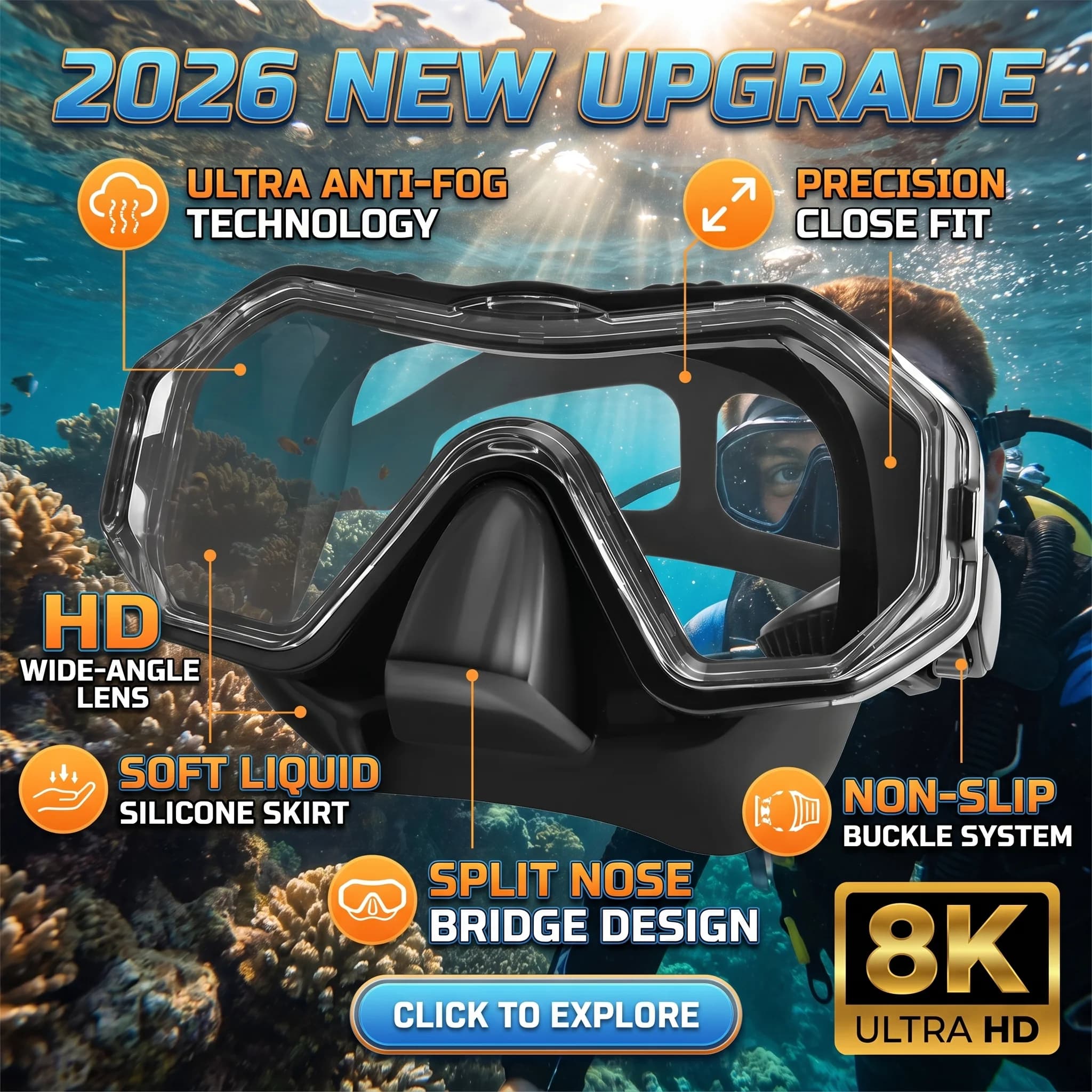 2026 New Upgrade Diving Mask Swimming Goggles Scuba Snorkel Inner Silicone Tempered Glass Panoramic HD For Adult Youth Anti-Fog