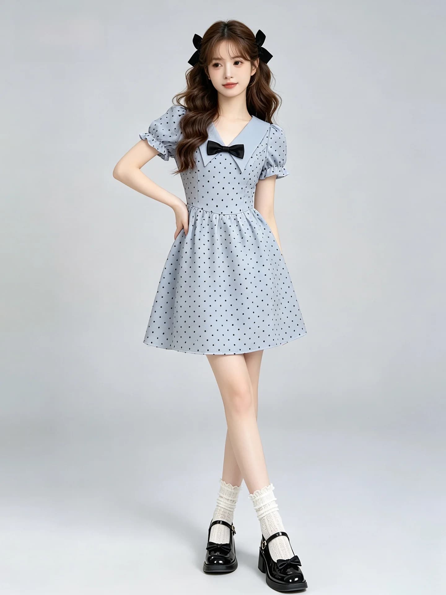 Blue Polka Dot A-Line Dress Women's Summer Waist-Cinching Skirt French Style 45 Degree Oblique Cut Short Sleeve Zipper