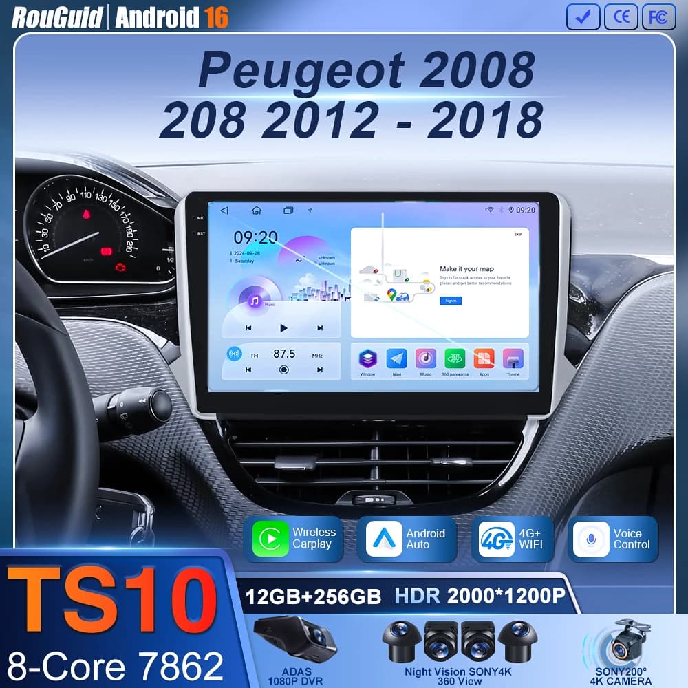 For Peugeot 2008 208 Series 2012 2013 2014 - 2018 Android 16 Multimedia navigation Carplay Auto Stereo BT video Autoradio