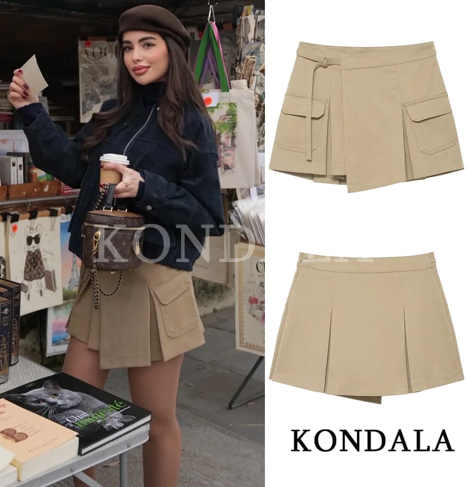 KONDALA Trendy Casual Overalls Shorts Women Khaki Pockets Lace-up Culottes 2026 Spring Fashion Holiday Commute Cargo Shorts