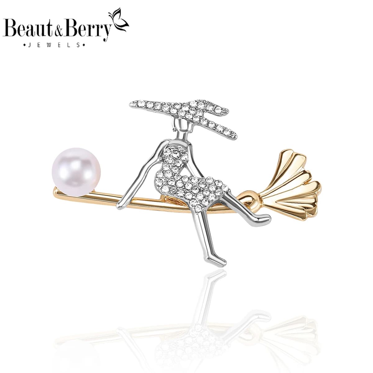 Beaut&Berry Trendy Rhinestone Witch on Broom Brooches for Women Figure Pins Friends Party Gift Banquet Jewellery Accessories