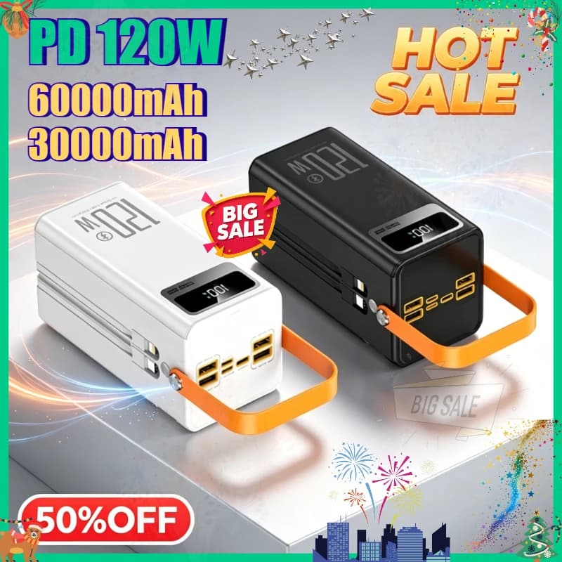 60000mAh 30000mAh Portable Power Bank LED Charger Emergency Power Bank 120W Fast Charging Power Station for Home Camping Phone
