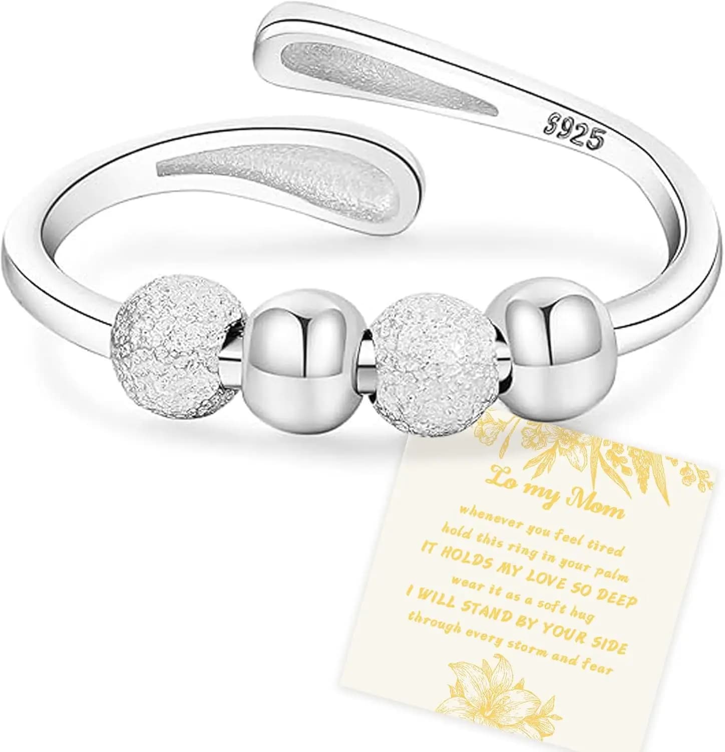 Anelli Antistress Senteria per Donne, Anelli in Argento Sterling Regolabili con Perline, Anelli Girevoli Antistress per Donne