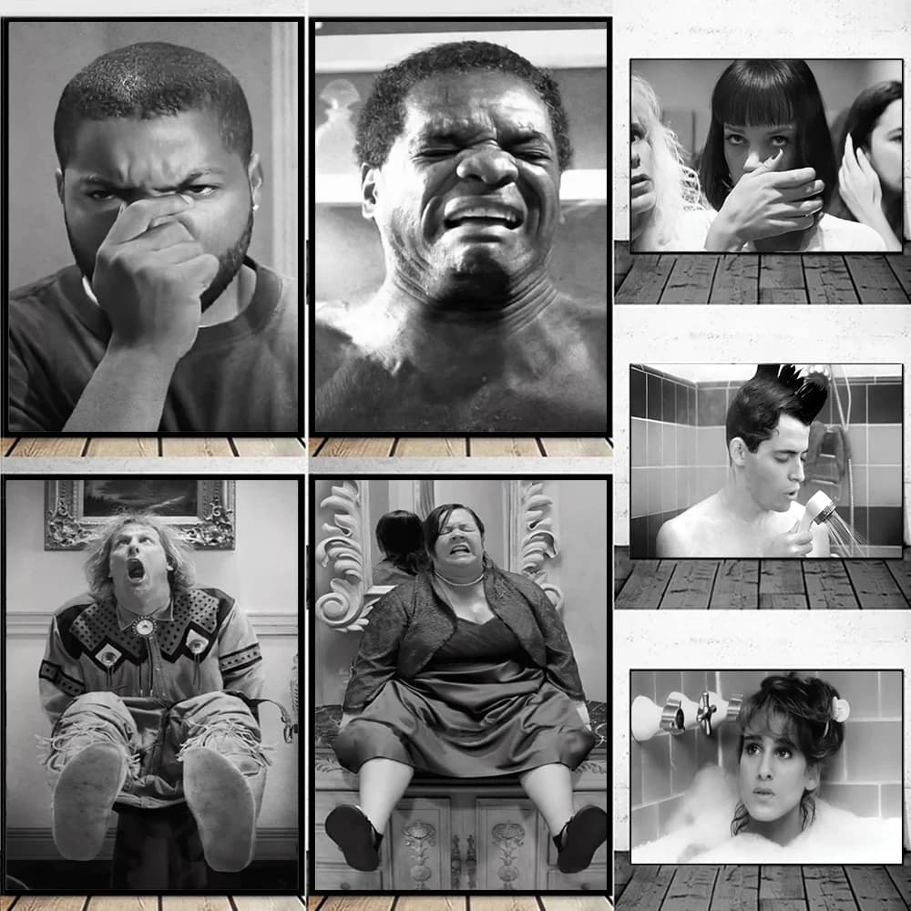 Funny Bathroom Wall Art Toilet Humor Canvas Painting Classic Movie Character Black And White Poster Print For Living Room Dec