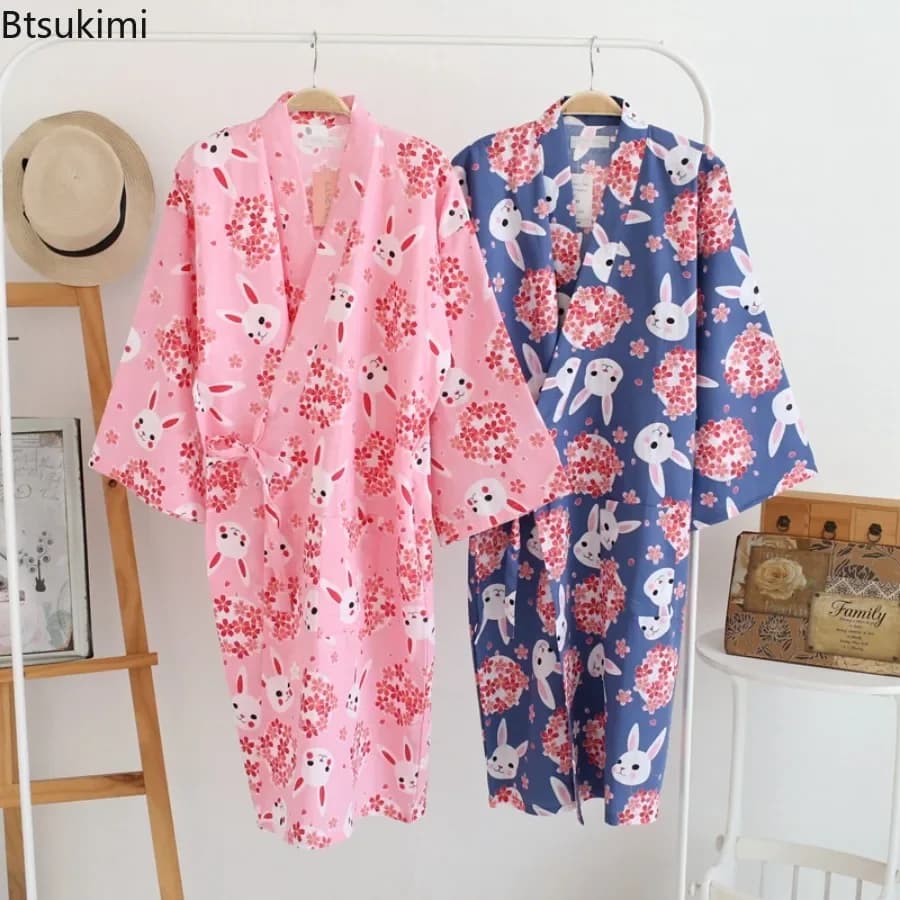 100% Cotton Women's Kimono Pajamas Robes Japanese Style Floral Print Loose Long NightGown Cardigan Lace Up Lounge Bathrobe Femme
