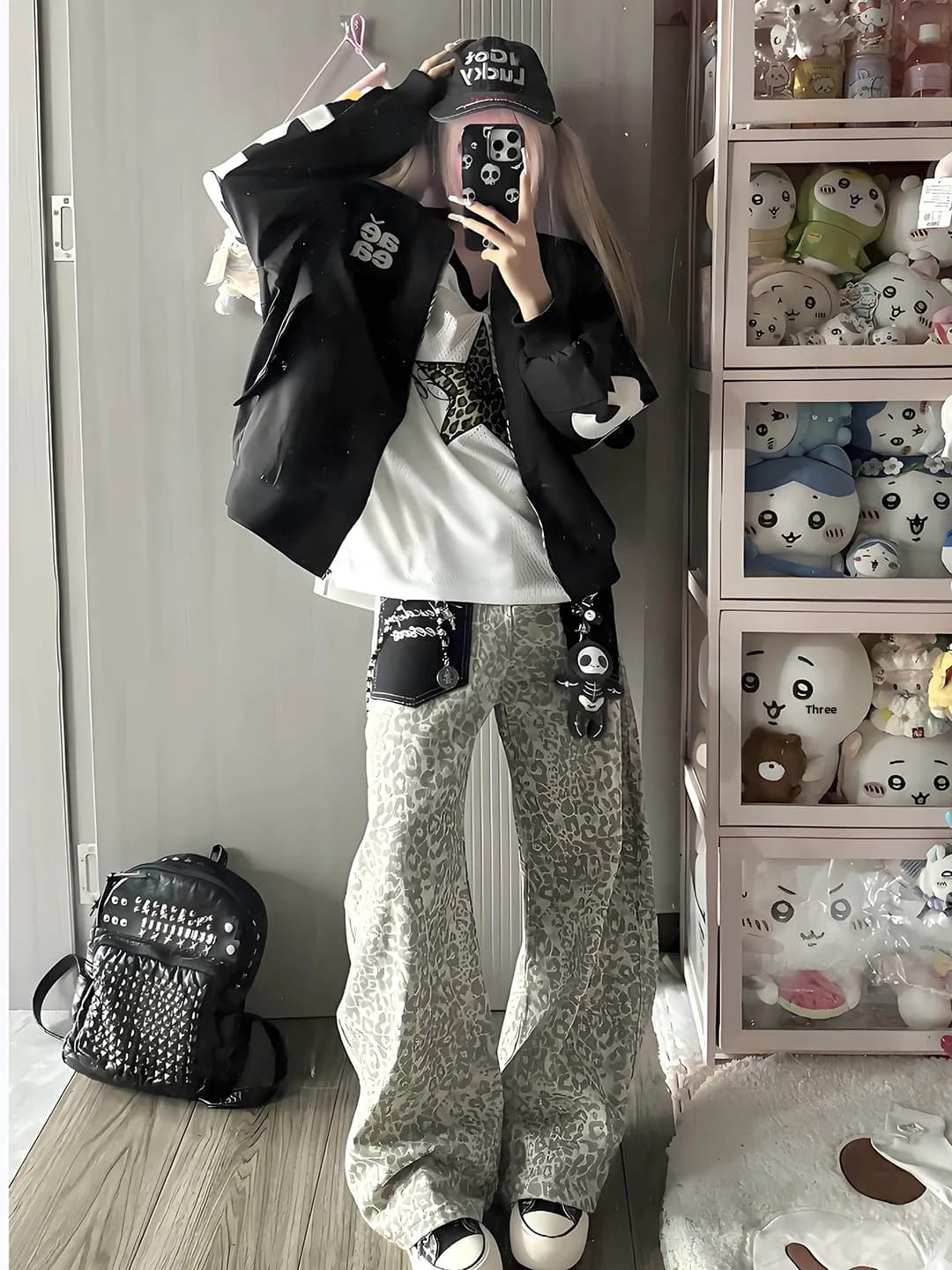 Jeans Stile Americano con Stampa Leopardata e Tasche Applicate, Pantaloni Larghi da Uomo High Street con Taglio Pulito e Motivo Mimetico