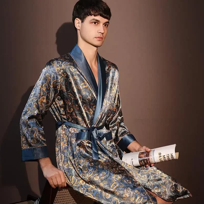 Men Spring Summer Thin Long Sleeve Bathrobes Pijama Printed Ice Silk Vestaglia Homme Full Dress Maschile Pigiama