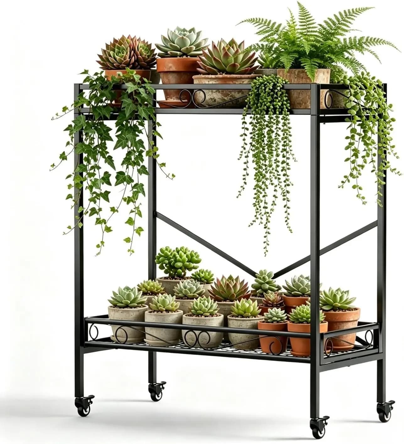 2 Tier Window Height Sturdy Metal Plant Stand With Wheels, Heavy Duty Four Hundred Forty Pound Capacity Succulent Shelf, Moving Flower Pot Rack For Home Indoor Outdoor