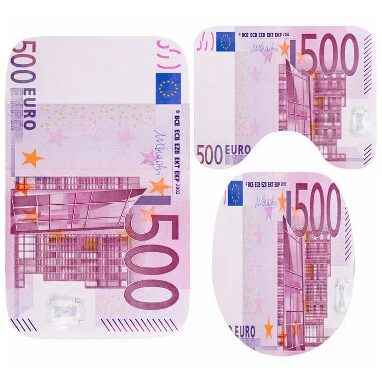 Divertente Tappetino da Bagno Antiscivolo con Decorazioni a Tema Euro, Set 3 Pezzi: Tappeto Doccia, Tappetino per WC e Copriwater