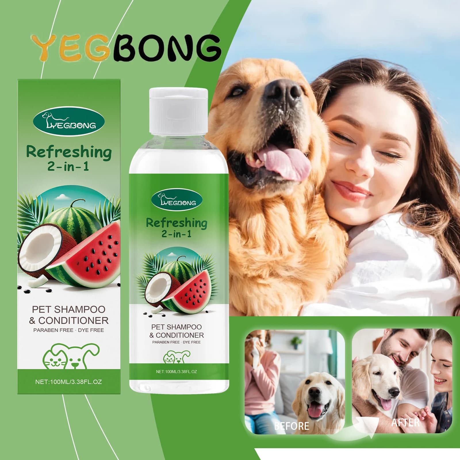 YEGBONG 100ml Shampoo e balsamo ipoallergenico per animali domestici 2in1 pH equilibrato Bagno senza strappo per cani e gatti con pelle sensibile