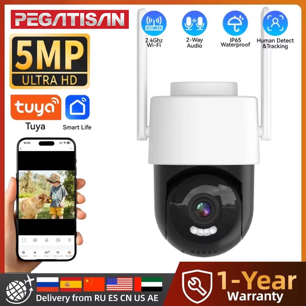 Tuya Wifi PTZ Telecamera esterna Zoom 5X Telecamera IP di sicurezza 5MP Visione notturna a colori Sorveglianza Monitoraggio umano Rilevazione del movimento