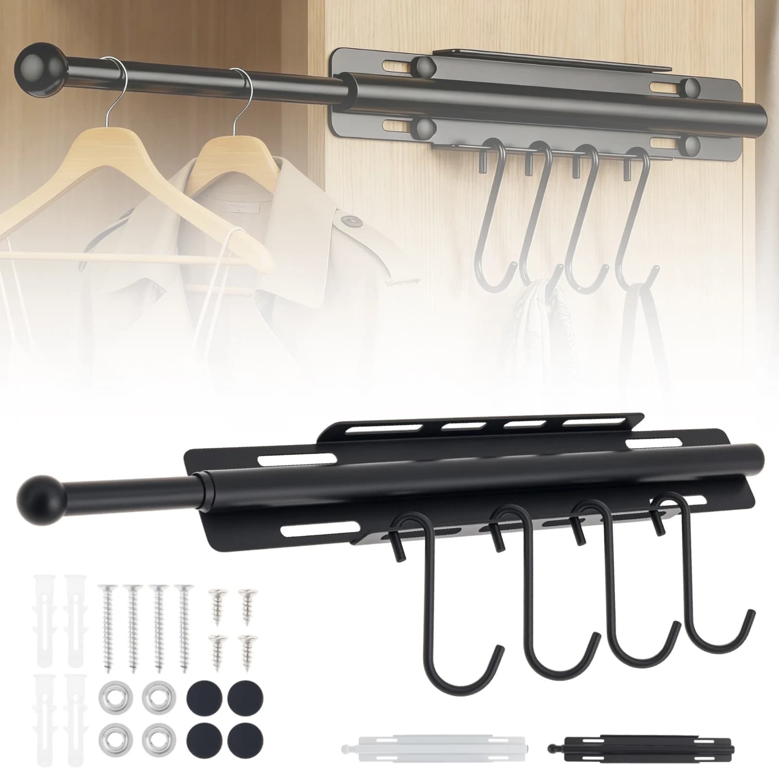 Wall Mounted Valet Rod for Bedroom Laundry Room Bathroom Hanging Clothes Closet Pull Out Adjustable Valet Rod with 4 Hooks