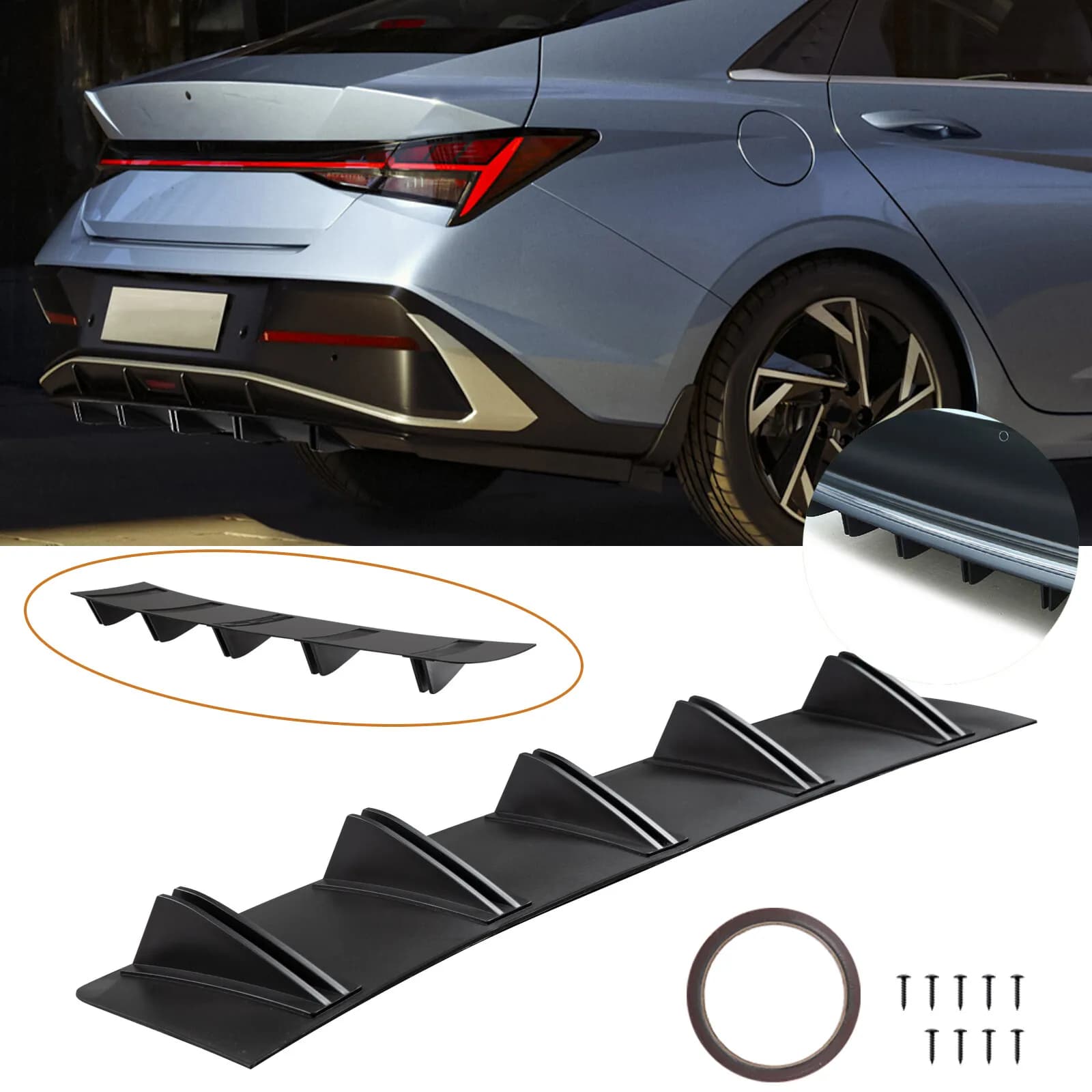 Diffusore posteriore nero opaco a 5 alette per paraurti, spoiler e splitter per Hyundai Elantra