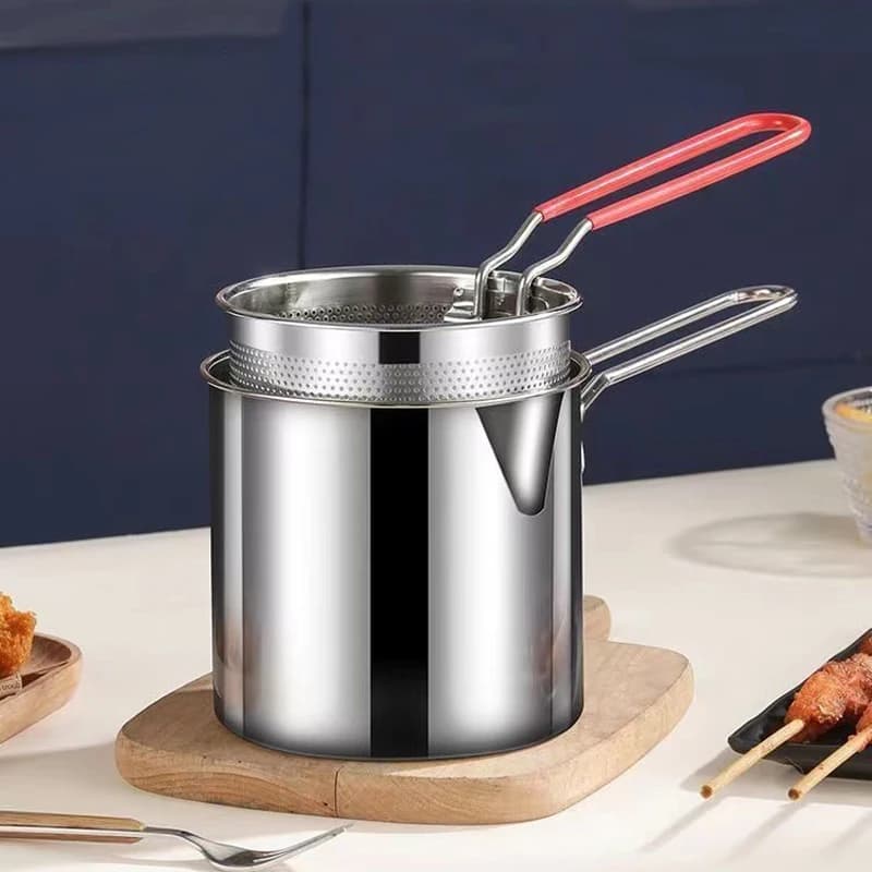 Stainless Steel Deep Fryer Pot 1.2L Mini Oil Saving Frying Pan with Basket Kitchen Cooke for for Tempura Chicken French Fries