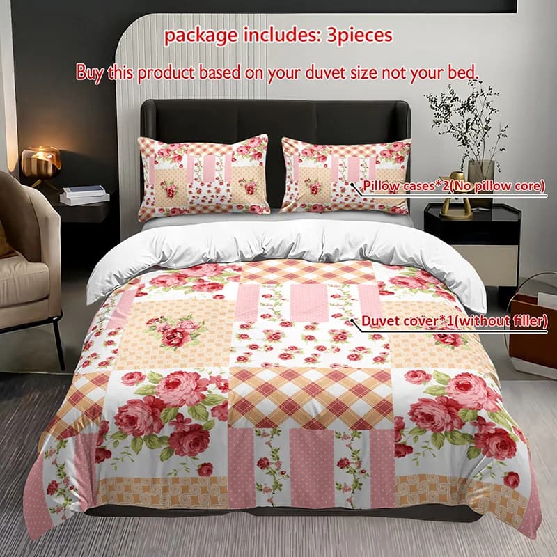 Set Floral Bedlinen Set Patchwork 3 Piece Set Quilt Set for Romantic Pink Bedlinen Set Floral Theme Bed Set Farm Style