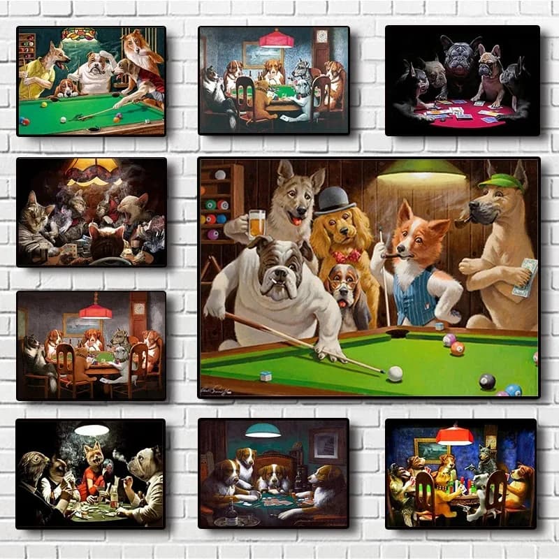 Quadro su tela senza cornice (1 pezzo) con animali divertenti in stile retrò che giocano a poker e biliardo, immagini artistiche da parete, poster e stampe per soggiorno