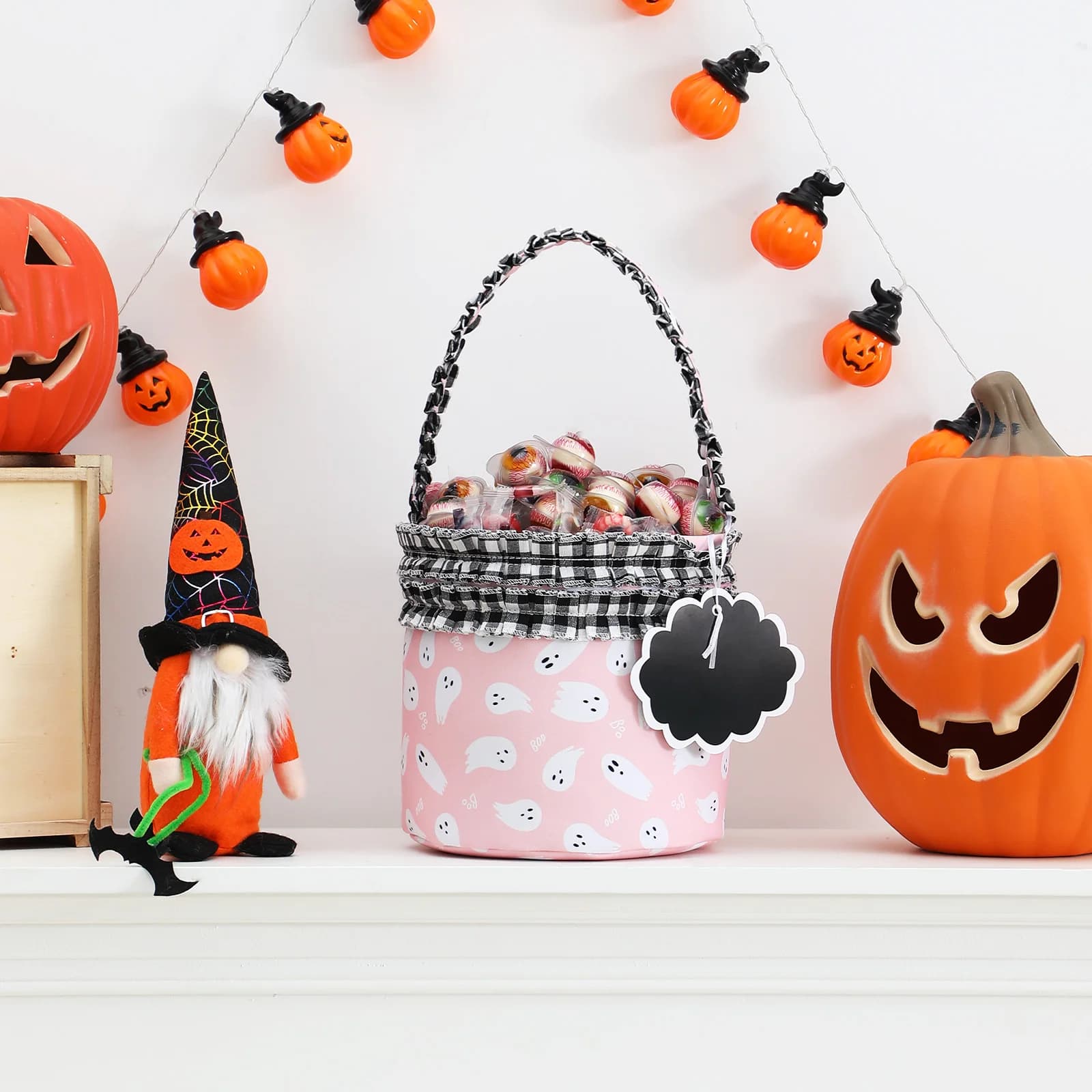 Cestino di Halloween con volant per bambini con biglietto da visita sacchetto regalo di caramelle di tela riutilizzabile rosa/arancione borse per dolcetto o scherzetto