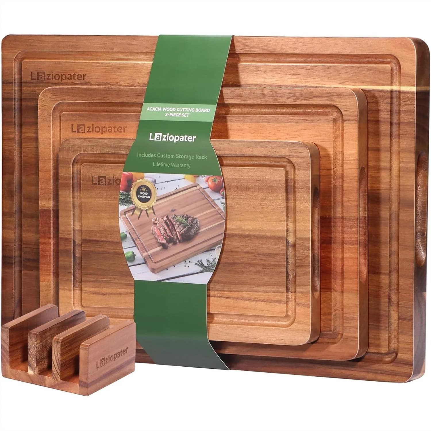 Set di 3 Taglieri in Legno di Acacia Rettangolari per Cucina 18x12x0,75 Pollici Solo Lavaggio a Mano