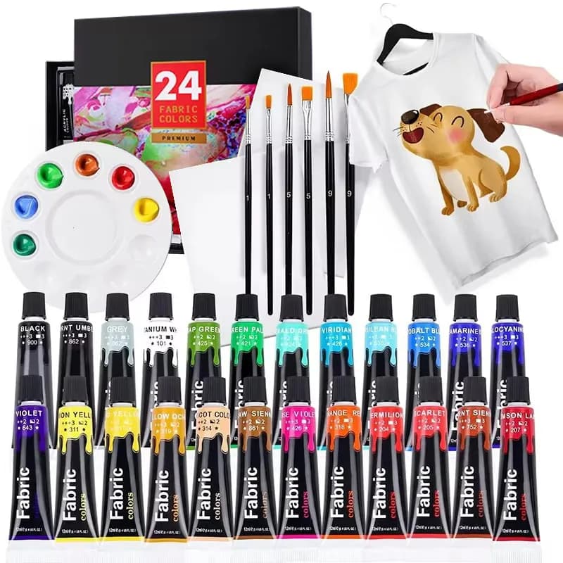 12/24 Set di colori acrilici per tessuti Tubo da 12 ml con tavolozza di pennelli Scarpe premium Colori del tessuto Canvast Kit di pigmenti impermeabili