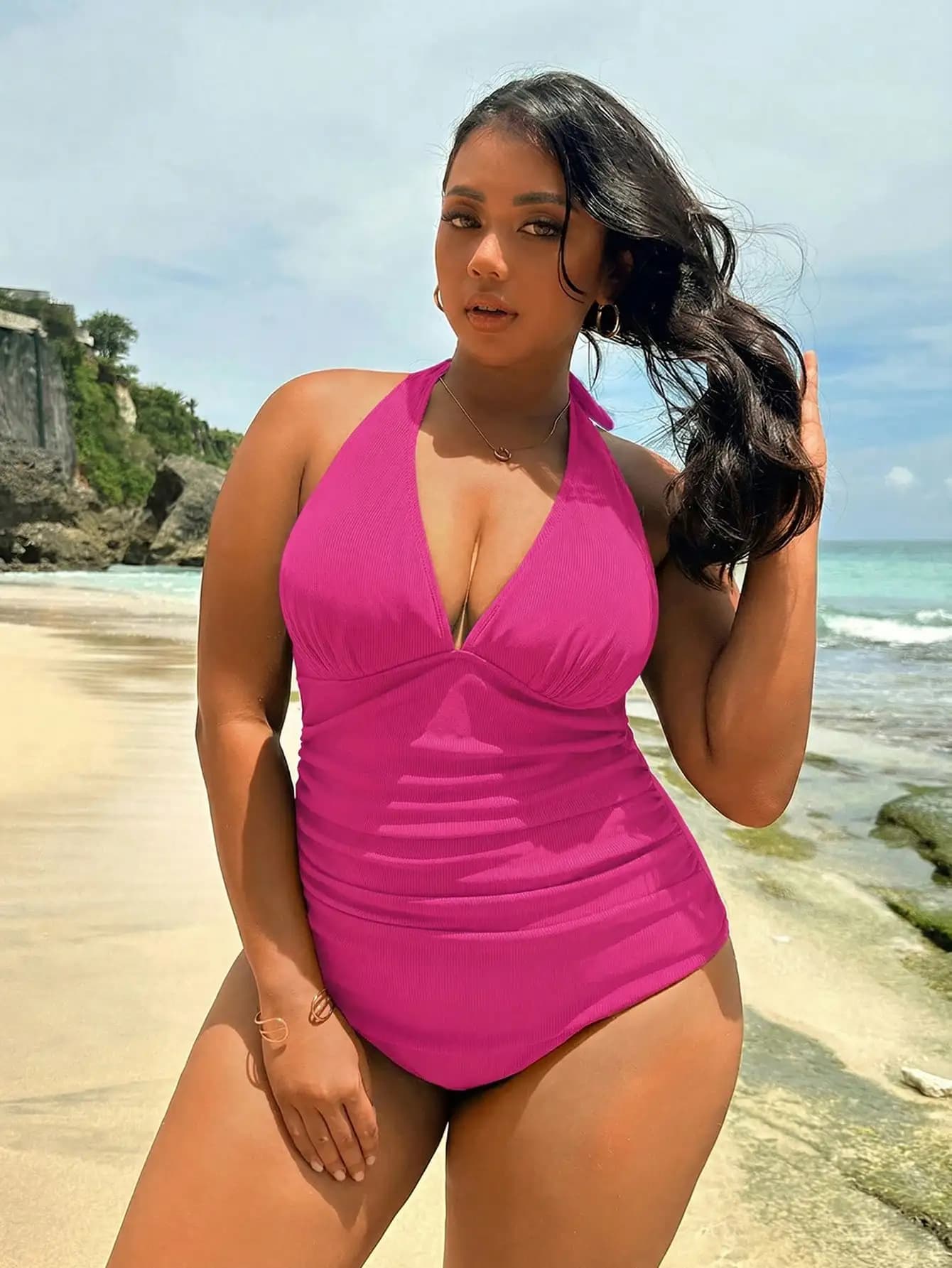 Women's full size swimsuit with American neckline, belly control, high waist, beach, pink solid color