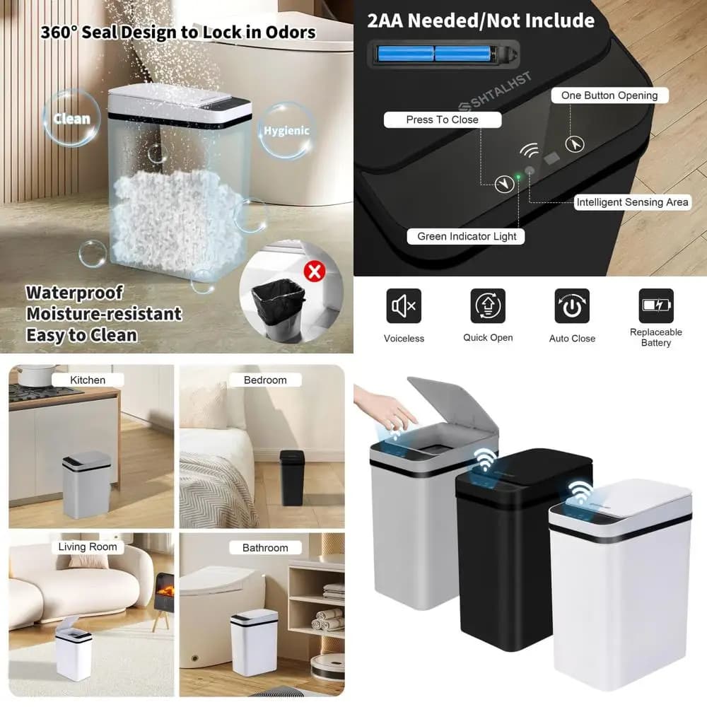 Confezione da 3 bidoni della spazzatura senza contatto, design sottile da 2,5 galloni, sensore di movimento, contenitori in plastica impermeabili per casa e ufficio (nero, grigio, bianco