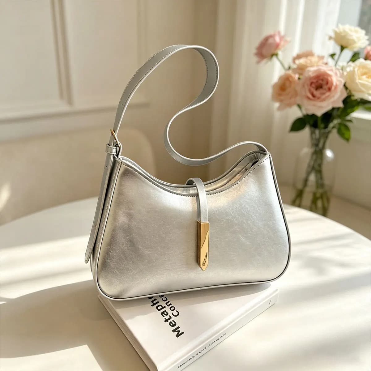 Elegant Exquisite Solid Color Large Capacity Single Shoulder Underarm Bag Belt Buckle Decorative Handbag Commuting Gatherings