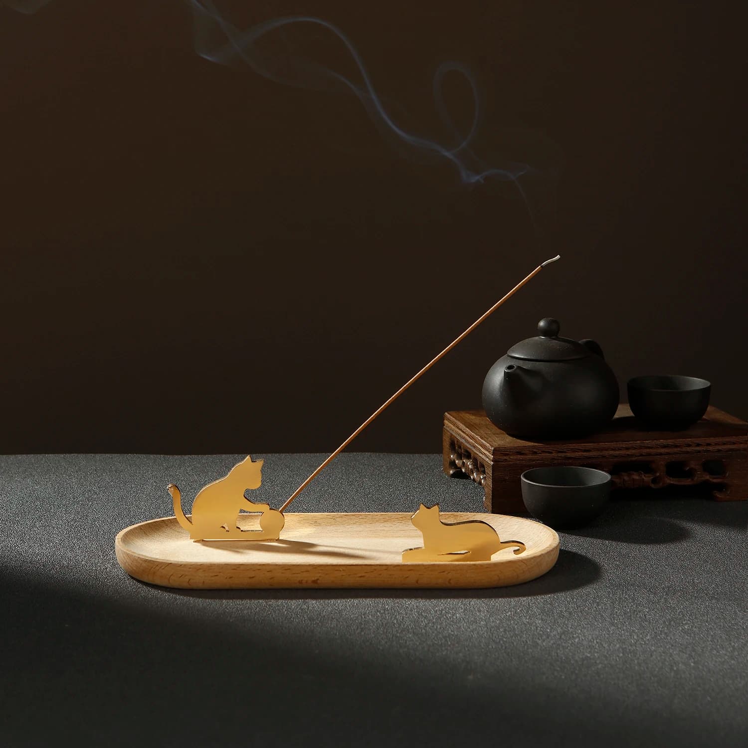 Portaincenso in metallo per mini gatti per bastoncini Bruciatore di incenso creativo con raccoglitore di cenere in legno per meditazione Yoga Spa Decorazioni per la casa